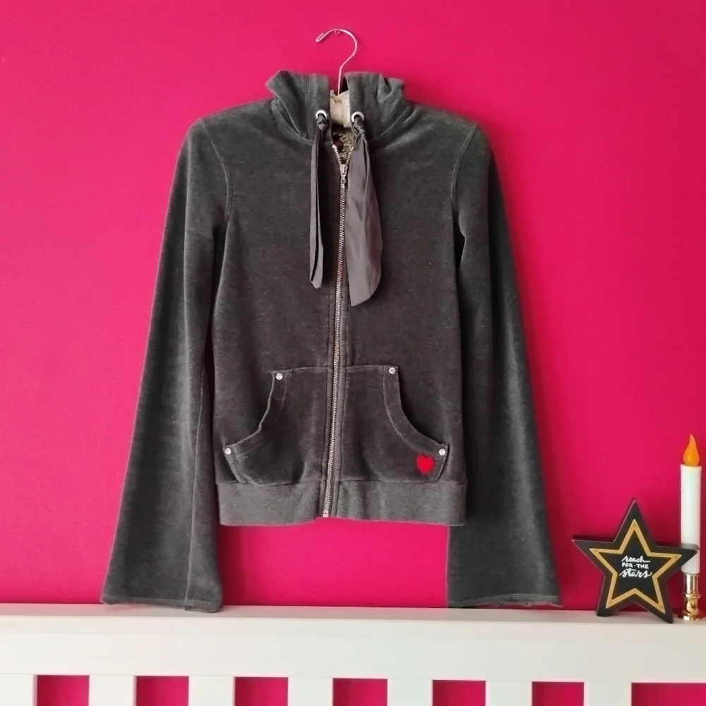 VINTAGE OOAK Dark Gray Velour Hoodie w/Rhinestones & Satin Details Size Small ❤️ - Picture 2 of 9